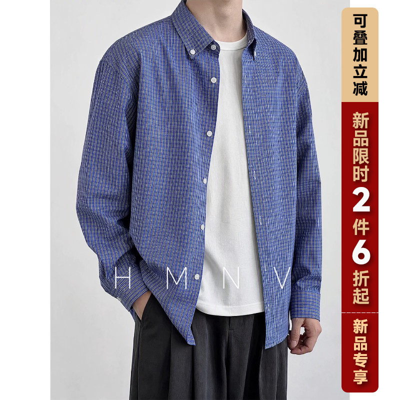 HMNV慵懒宽松蓝格子衬衫美式复古男女上衣透气潮牌休闲长袖衬衣图片