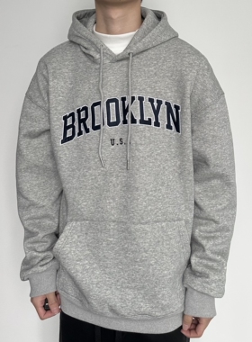 HMN Studio2024春秋新款字母美式简约纯棉加绒百搭连帽套头卫衣男