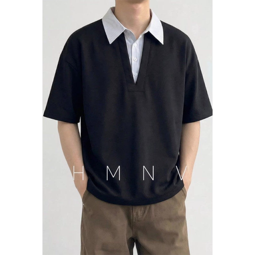HMNV 美式假两件拼接Polo短袖男秋季新款休闲运动翻领T恤宽松