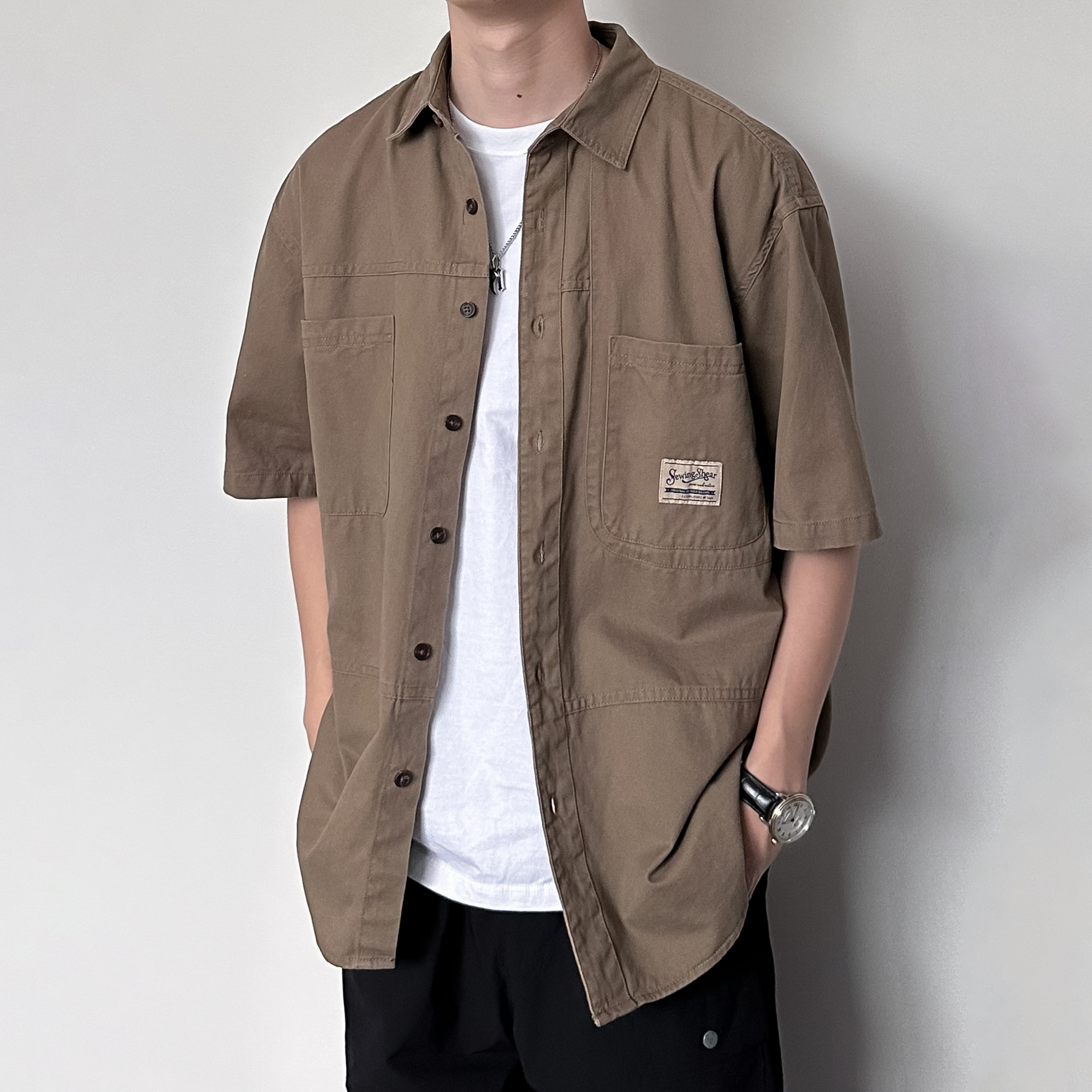 HMN Studio日系复古工装短袖衬衫男夏季纯棉宽松拼接休闲翻领衬衣