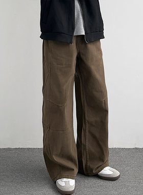 HMN Studio美式复古解构设计感水洗工装裤男宽松休闲褶皱直筒垂感