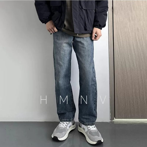 HMN Studio日系直筒水洗牛仔裤潮流显瘦美式cleanfit休闲复古长裤