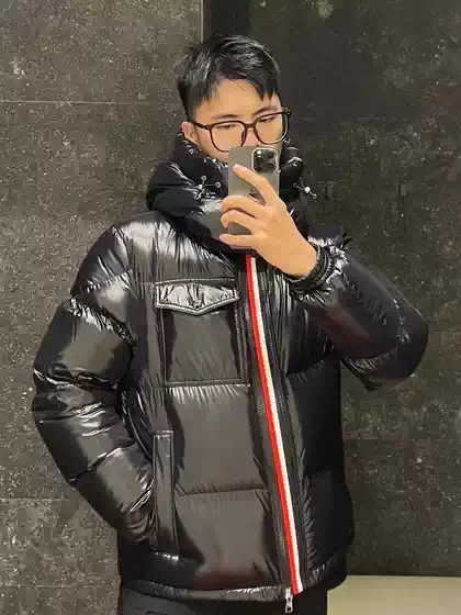 European and American Style Classic Basic Red and White Striped Double Zipper Detachable Hood Thickened Glossy Three-Proof No-Wash down Jacket for Men and Women