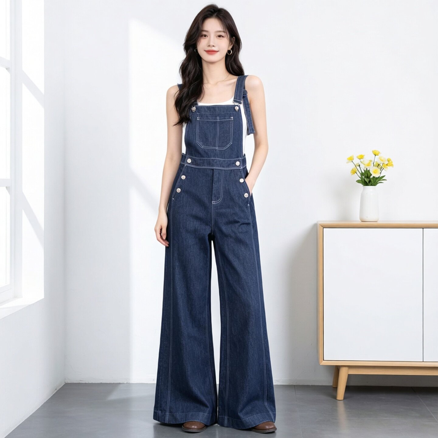 2026新款女大码高腰牛仔背带裤
