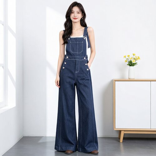 2026新款女大码高腰牛仔背带裤
