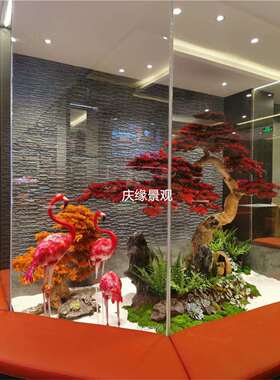 仿真松树室内人造红色树叶雪松假树大型牙签松景池造景展厅落地