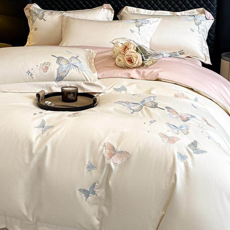高端轻奢风80S长绒棉四件套少女心蝴蝶刺绣全棉被套床单床上用品