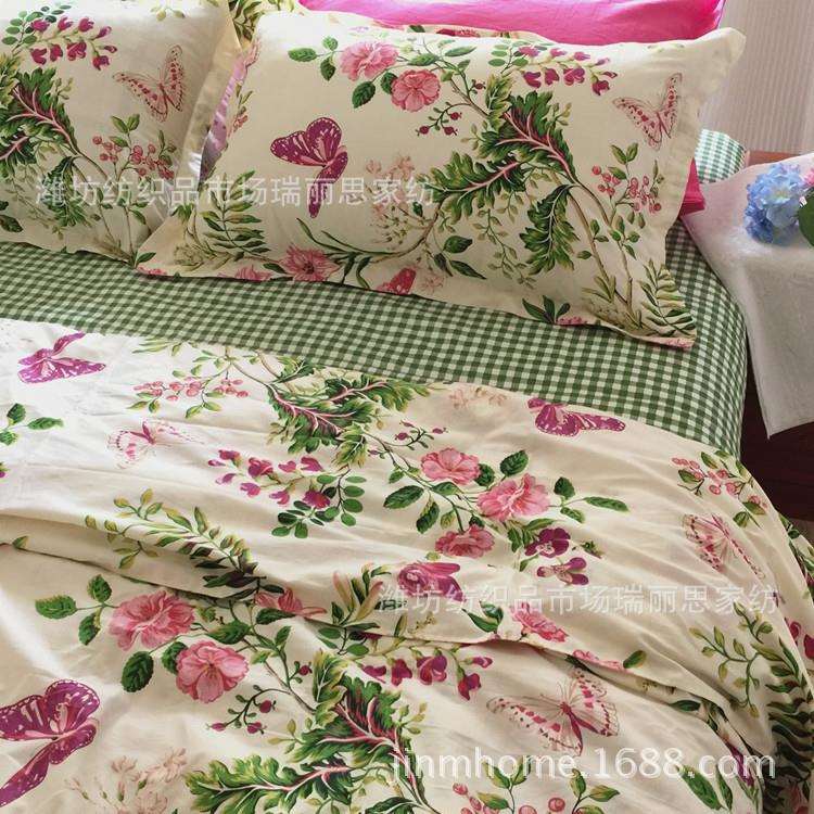四件套蝴蝶花撞色美式现代田园北欧32加厚斜纹纯棉床品