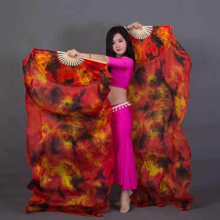 真丝肚皮舞扇长绸扇手工扎染扇火焰扇舞蹈扇子古典舞道具跳舞扇