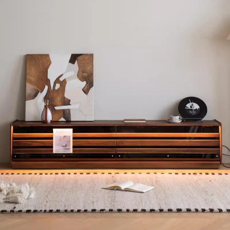 北美黑胡桃木落地电视柜小户型客厅家用带氛围灯全实木储物收纳柜