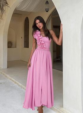 2025欧美泳装新款粉色设计感荷叶边连体泳衣套装女爆款25364