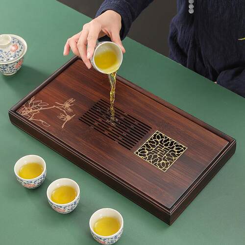 德化秋池竹制茶盘简约茶盘中式现代家用储水式竹制茶座圆形大茶托