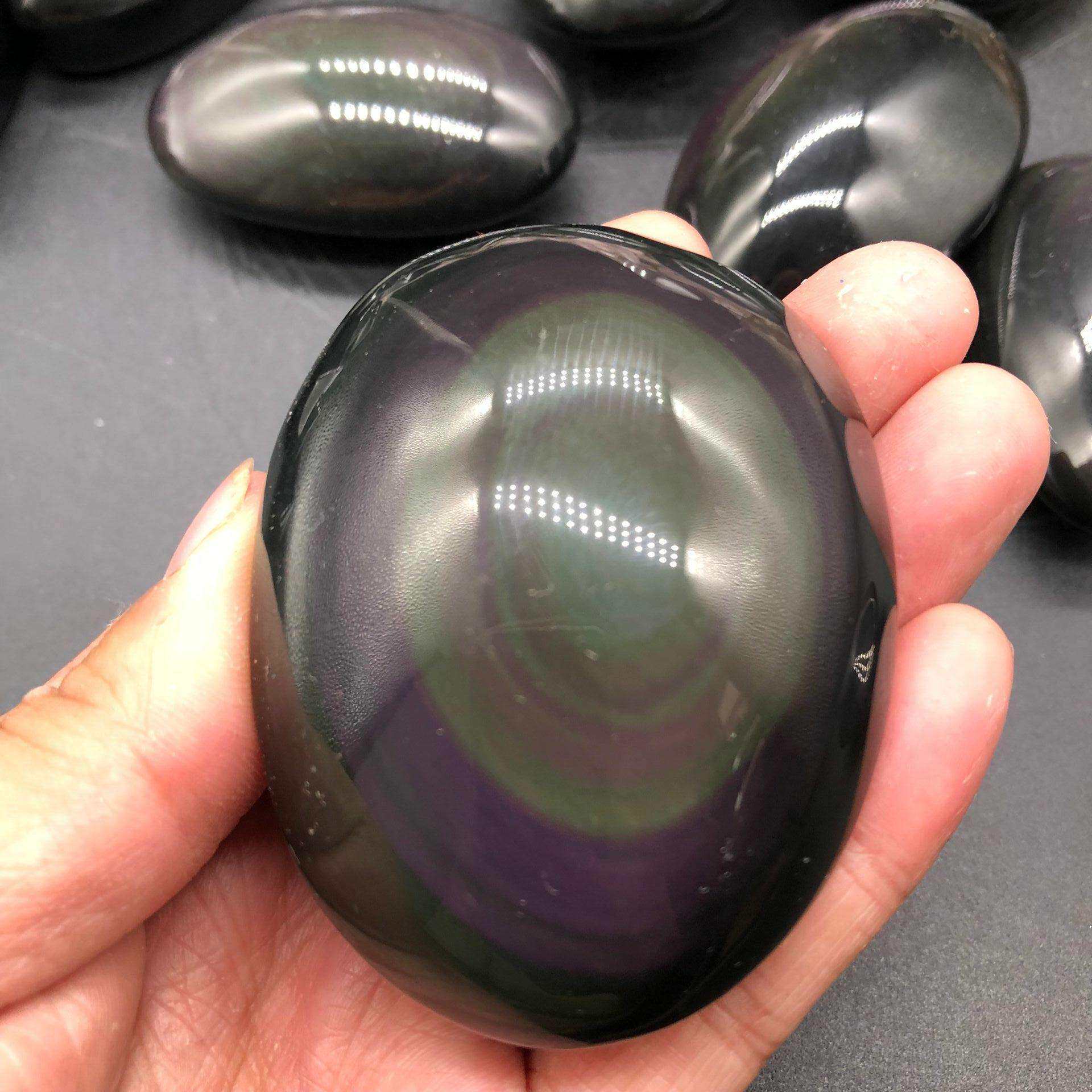 天然黑曜石彩虹眼手把件原石随型摆件手把件颗颗带彩眼直销