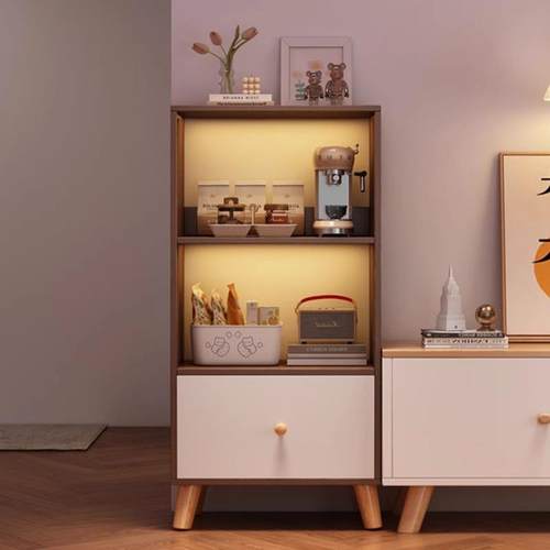 电视柜旁书架落地置物架家用简易书柜带柜门客厅窄柜立柜收纳柜子