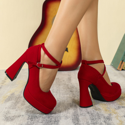 源头新品春夏欧美外贸性感交叉绑带防水台粗跟高跟单鞋女鞋