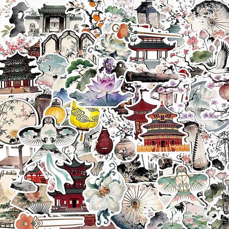 中国风古建筑复古高级感贴纸