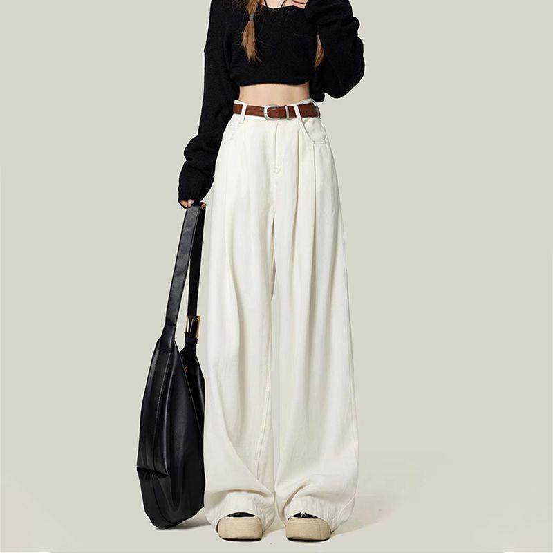 美式白色高腰阔腿牛仔裤女2026春季宽松百搭显小个子瘦垂感拖地裤