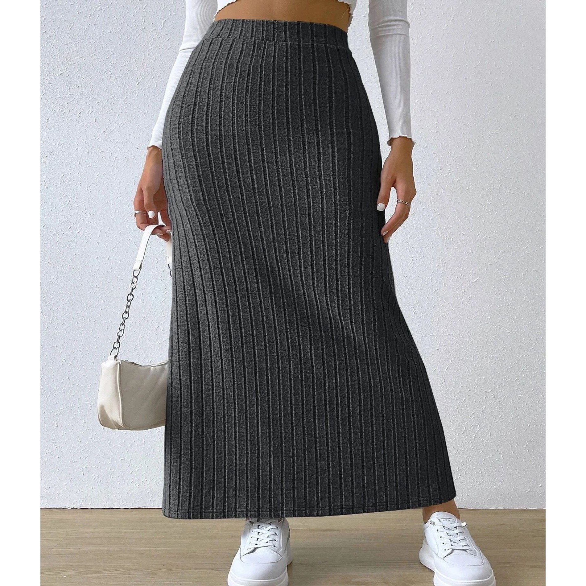 Solid high waist slit half length dress 纯色高腰开叉半身长裙