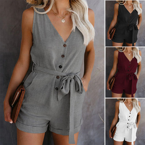 Casual V-neck pleated one-joined shorts  休闲V领褶皱连体短裤