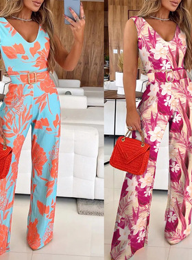 Printed V-neck waistless one-piece pants 印花V领无袖连体长裤