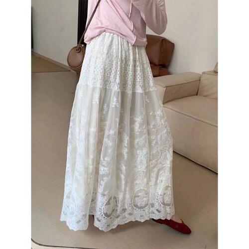 休闲高腰中长款纯色蕾丝网纱半身裙女Mid length lace mesh skirt