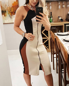 matching patchwork zip Ladies dress 女士撞色拼接拉链连衣长裙