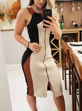 Ladies matching patchwork zip dress 女士撞色拼接拉链连衣长裙