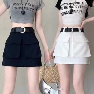 pocket word work 裙 High skirt休闲纯色高腰口袋A字工装 waist