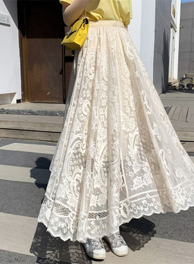Solid color lace cutout hemmed skirt纯色高腰镂空蕾丝边半身裙