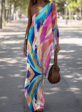 Long-sleeve one-shoulder loose dress  纯色长袖单肩宽松连衣裙