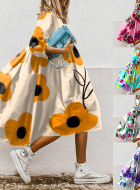 Round neck print long sleeve dress    圆领印花长袖连衣裙女