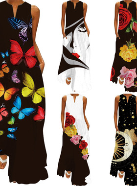Sexy print sleeveless dress dress woman 性感印花无袖连衣长裙