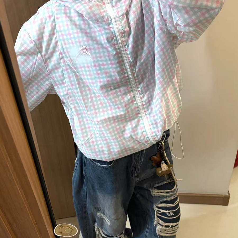 彩色格子连帽防晒衣女夏季2025年新款日系宽松百搭薄款外套防晒服