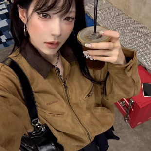 秋季 潮牌高级感巴恩风拼接翻领夹克上衣 复古麂皮绒外套女2025新款