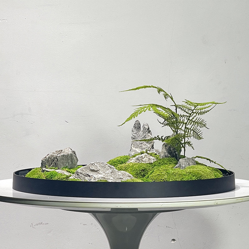 新中式餐桌花永生苔藓造景酒店圆桌装饰仿真文竹山水花艺桌面摆件