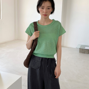 法式 潮 休闲简约轻薄罗纹圆领飞袖 T恤上衣女夏气质通勤针织打底衫