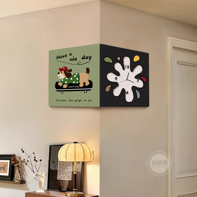 楼梯转角装饰画卡通狗法式客厅2025钟表时钟挂墙玄关餐厅挂画带灯