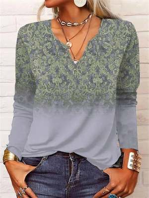 Loose long-sleeved flower mang V-neck T-shirt bottoming shir