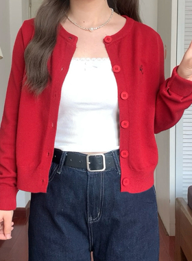 阿殊 ASOUL 红色复古毛衣开衫女包邮