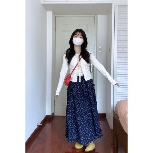 蓝色碎花松紧高腰半身裙阿殊 ASOUL 小个子显高长裙蛋糕裙