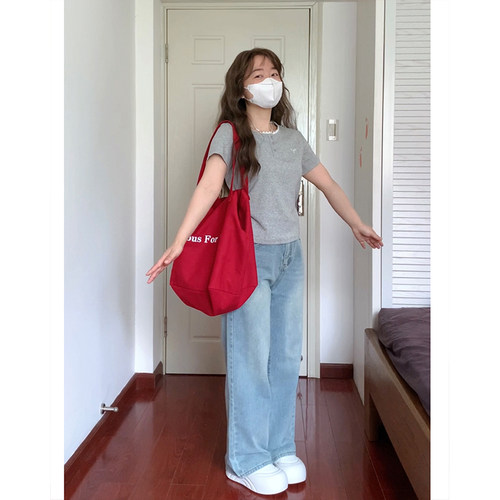 浅色牛仔蓝口袋刺绣显高阔腿裤阿殊 ASOUL 显瘦长裤