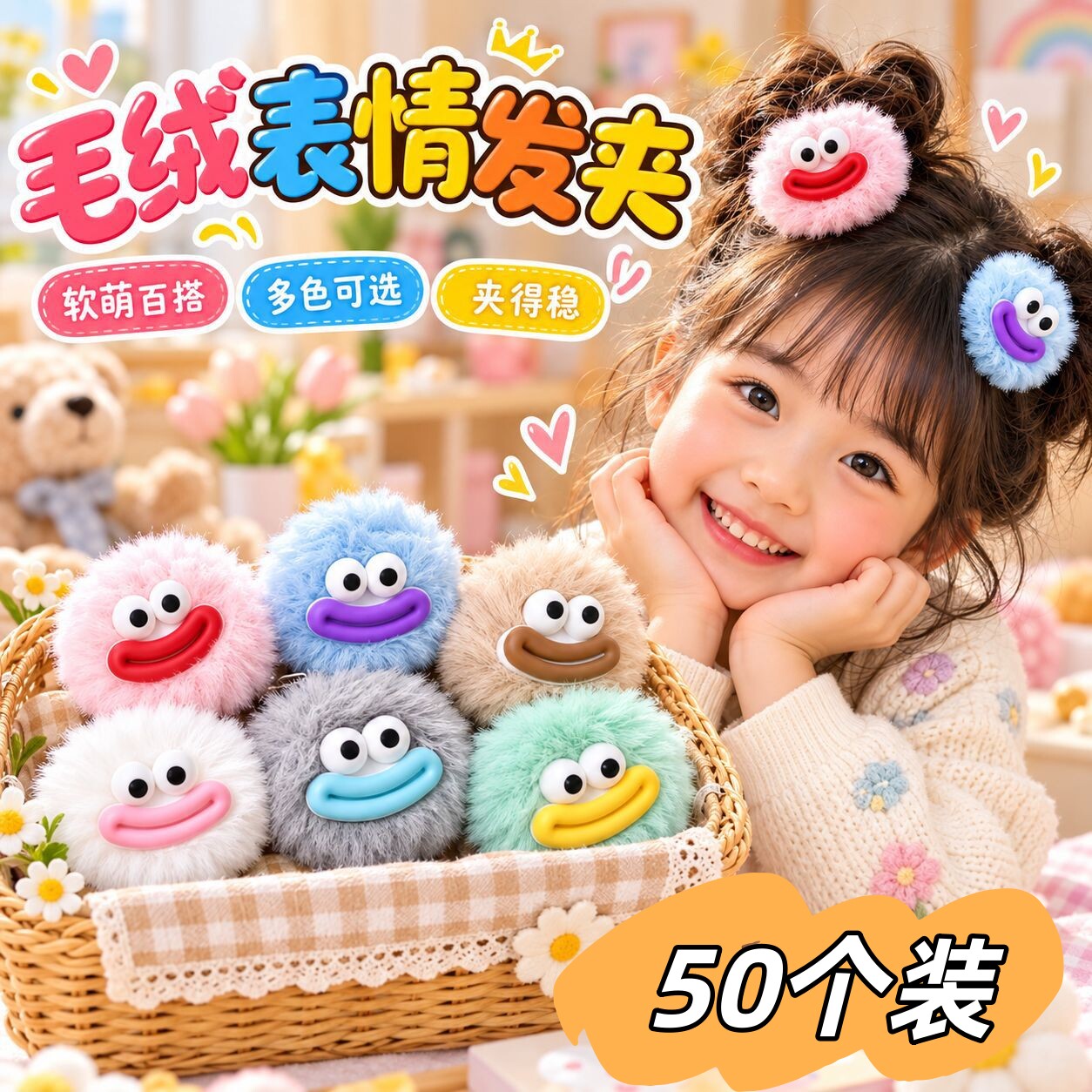 毛绒表情发夹高颜值女孩生日小礼物创意幼儿园奖励小礼品儿童发饰