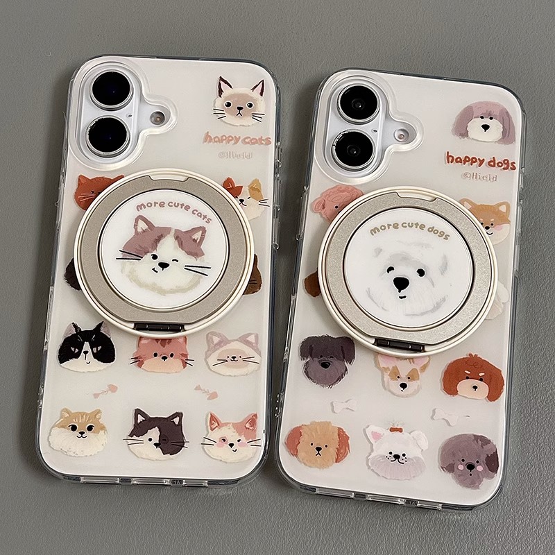 ins韩风猫狗头像合集旋转支架适用苹果16promax手机壳iphone15plus新款14pro情侣13/12双层11pro防摔xs保护套