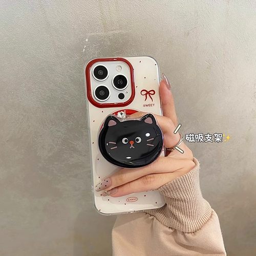 简约泼墨猫咪带磁吸支架荣耀200pro手机壳honor100/90/80新款荣耀x50韩风荣耀70双层V40轻奢版全包保护套