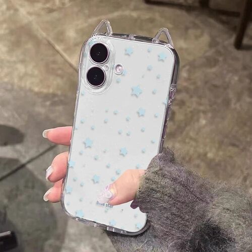 简约蓝星星猫耳外壳适用荣耀400pro手机壳honor300/200新款个性x70透明x60女款硅胶畅玩70plus全包防摔保护套