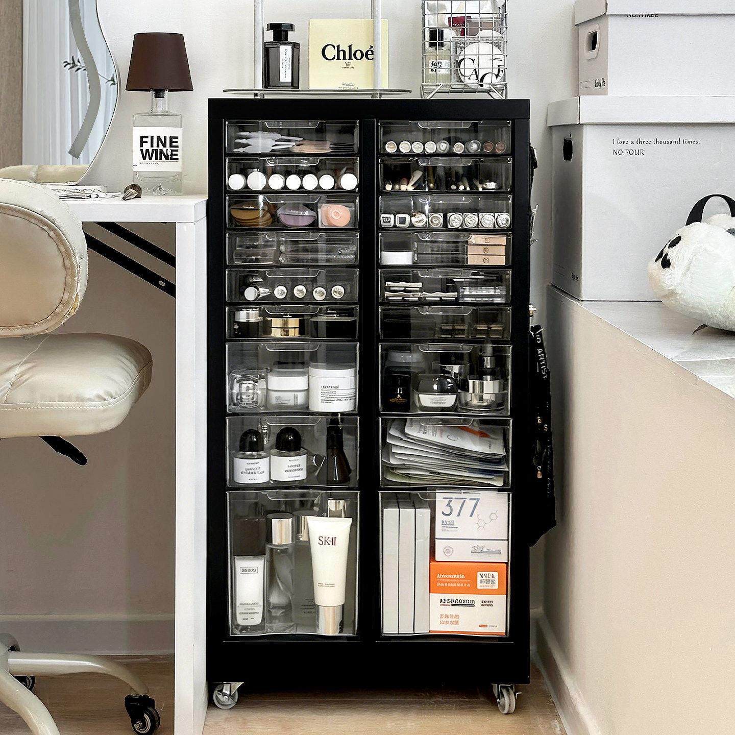 化妆品收纳柜卧室落地可移动多层抽屉式铁皮柜护肤品防尘储物柜子
