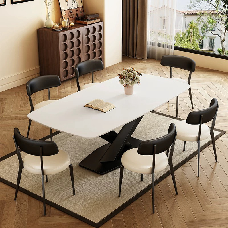 轻奢岩板意式组合简约家用小户型客厅长方形饭桌中古风黑西餐桌椅