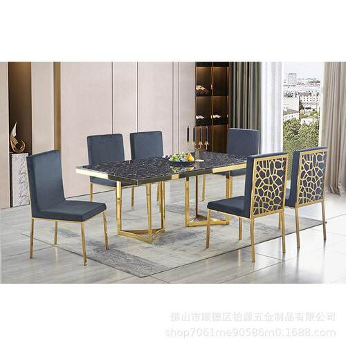 不锈钢大理石餐桌组合八人饭店贝壳桌子简约小户形酒店家具