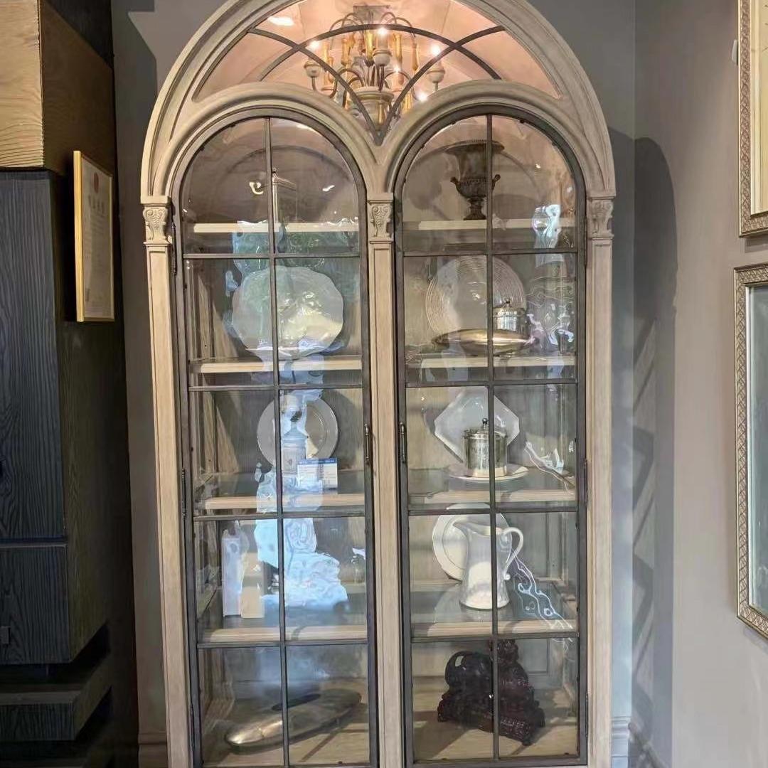 美式实木书柜乡村art酒柜建筑复兴双开门玻璃古董收藏展示柜