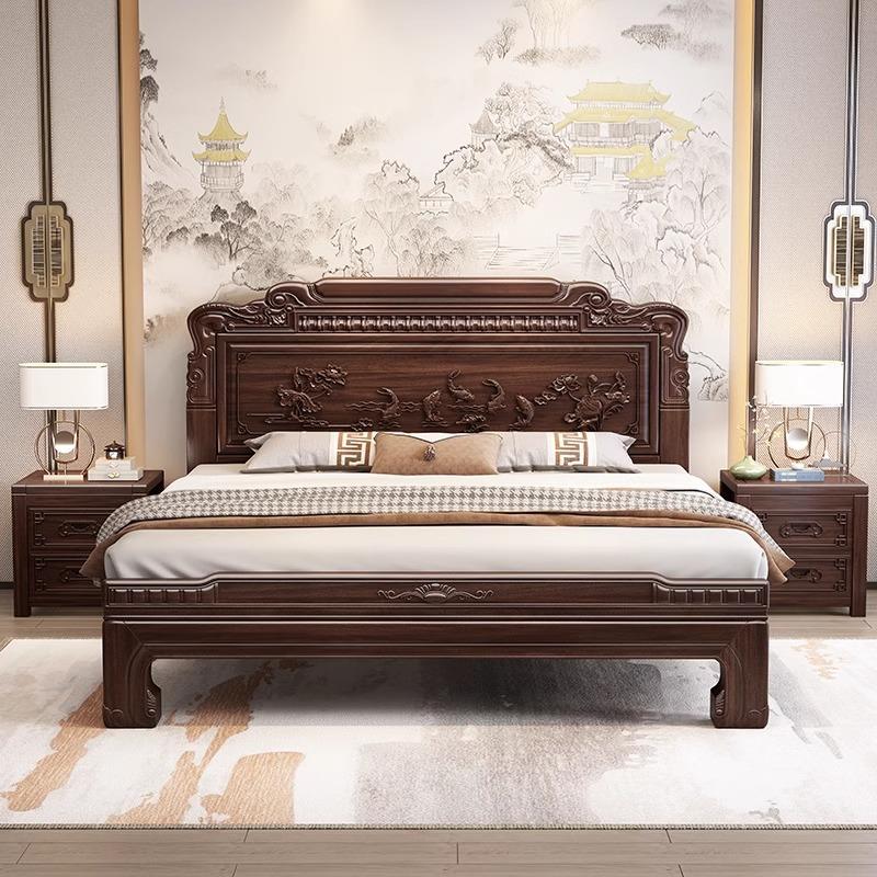 新中式花梨木榫卯结构实木床1.8M双人大床中式1.5M仿古雕花实木床